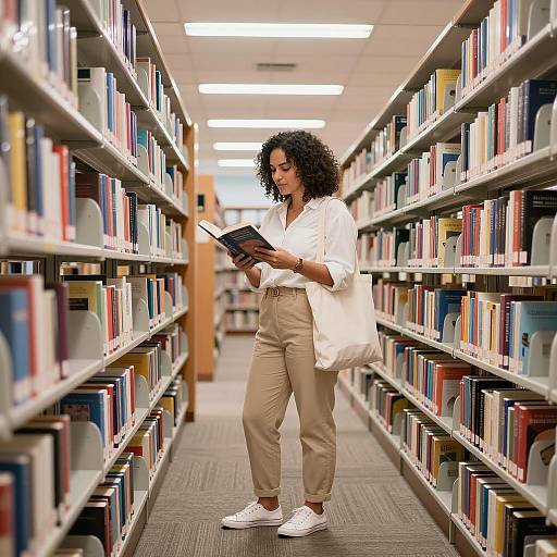 Woman Reading in Colorful Library Aisle
