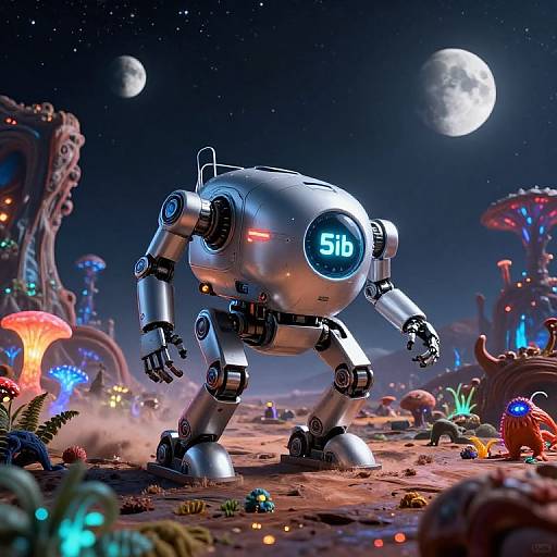 CGI sci-fi scene of a silver, robotic humanoid with glowing 