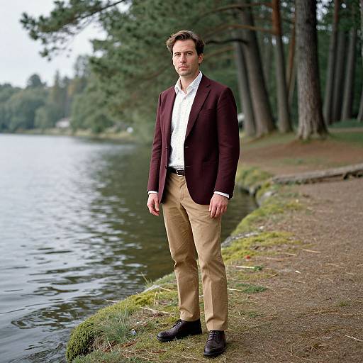 Photograph of a handsome young man with short brown hair, wearing a maroon blazer, white shirt, beige pants, and black shoes, standing