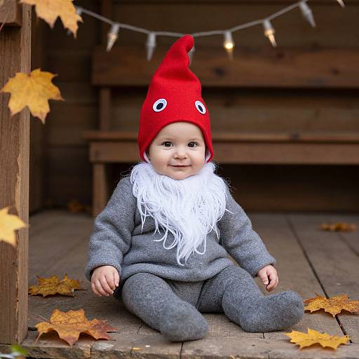 Photograph of a smiling baby in a red goblin hat with white beard, gray outfit, sitting on wooden porch with autumn leaves and string lights in