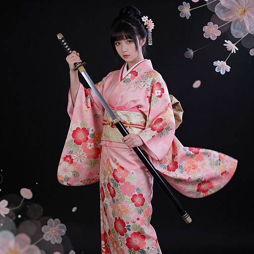 Photograph of a Japanese woman in a pink floral kimono holding a katana, black background with white cherry blossoms.