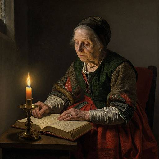 Photograph of an elderly woman with wrinkled skin, grey hair, and worn clothes, reading by a single lit candle in a dimly lit room