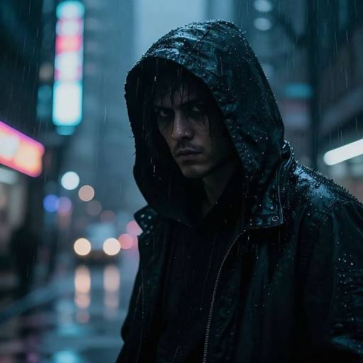Photograph of a somber, rain-soaked man in a dark hooded coat, standing in a neon-lit, rainy city street at night