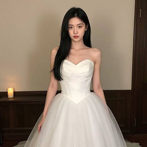 Photograph of an Asian woman with long black hair, wearing a strapless white wedding dress, standing in a dimly lit room with a lit candle