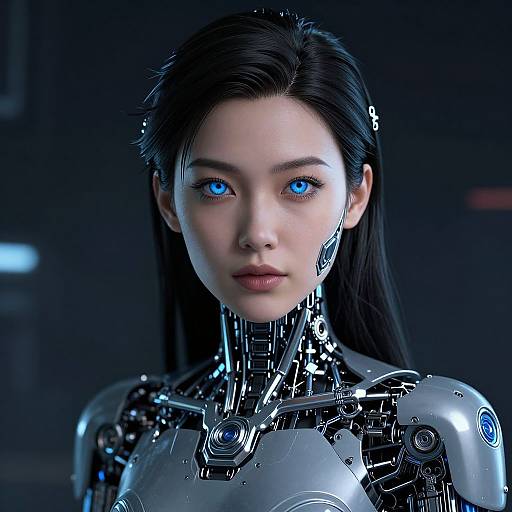 Photorealistic CGI of a cybernetic woman with blue eyes, long black hair, and silver robotic armor, set against a dark background.