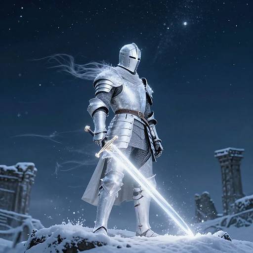 Photorealistic digital art of a silver-armored knight with glowing sword, standing on snowy ruins under a starry night sky.