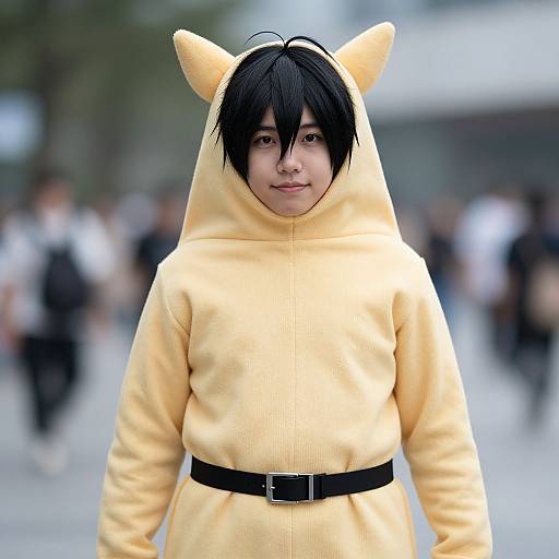 Photograph of an Asian male cosplayer in a yellow cat-eared hooded onesie with black belt, standing in a blurred urban background.