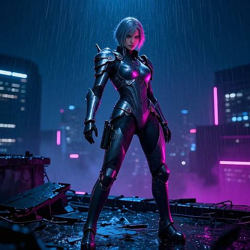 Digital artwork of a silver-haired woman in futuristic armor standing in a rain-soaked, neon-lit cityscape at night, with pink and blue lights