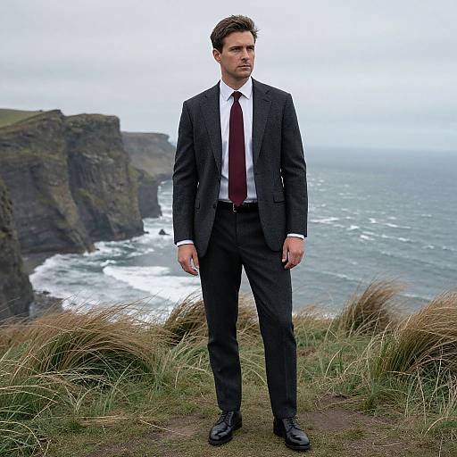 Photograph: Handsome man in black suit, white shirt, red tie, standing on cliff overlooking ocean with rugged cliffs and grassy terrain.