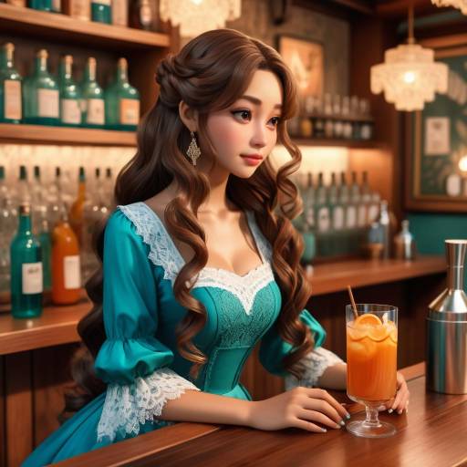 Woman in Vintage Dress with Orange Drink at Bar