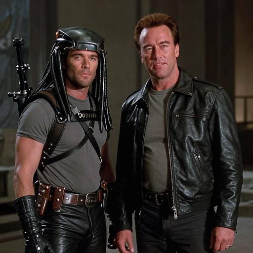 Photograph of two men in dark, leather outfits; left wears a black helmet with dreadlocks, right in a leather jacket, standing in a dim