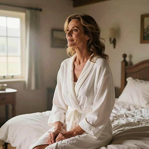 Photograph of a middle-aged woman with wavy brown hair, wearing a white bathrobe, sitting on a bed in a softly lit bedroom.