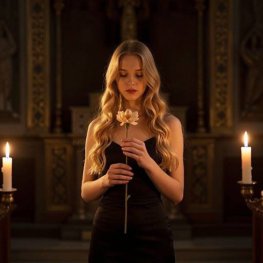 Photograph of a blonde woman with long wavy hair, wearing a black dress, holding a white flower, standing in a dimly lit room with