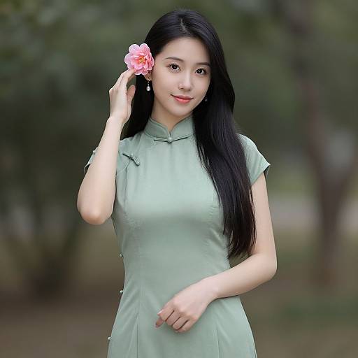 Sage Green Asian Dress with Flowers