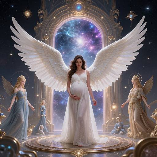 Digital art of a pregnant angel with large white wings, wearing a flowing white gown, standing in a celestial archway, surrounded by ethereal, wing