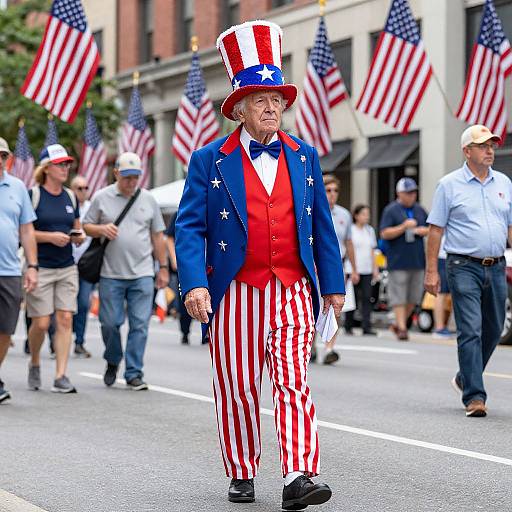 Elderly man in blue jacket, red vest, star-spangled hat, and red-white striped pants, leading patriotic parade with American flags in background