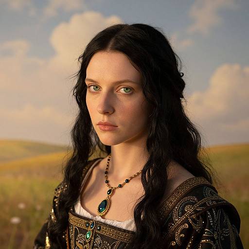 Digital portrait of a pale-skinned woman with long black hair, green eyes, wearing a detailed black gown and turquoise necklace, set against a sunny,