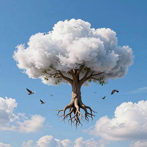 Digital artwork of a tree with a thick trunk and roots, topped with a large, fluffy white cloud, set against a bright blue sky with scattered clouds