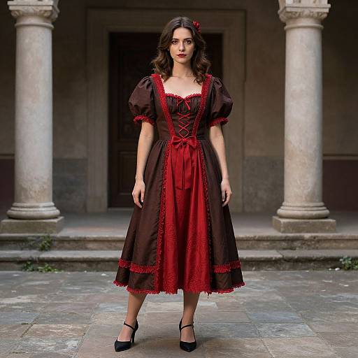 Photograph of a woman with fair skin, dark wavy hair, wearing a red and black Victorian-style dress, black heels, standing in front of
