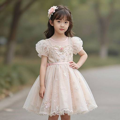 Young Asian girl with black hair, wearing a white, lace-embellished, puffed-sleeve dress and pink flower hairpiece, stands