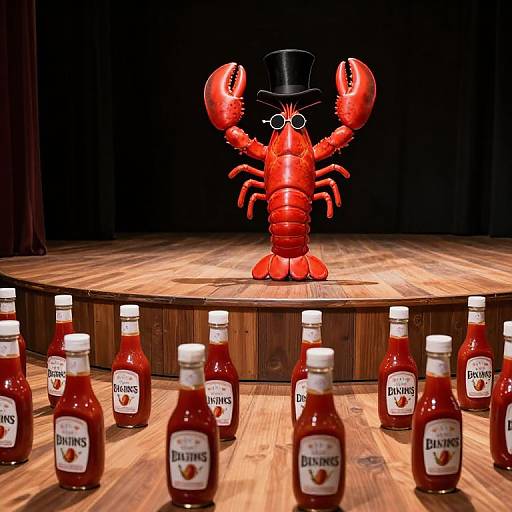 Photograph of a red, cartoon lobster wearing a top hat and glasses, centered on a wooden stage, surrounded by 13 Heinz Dukes sauces