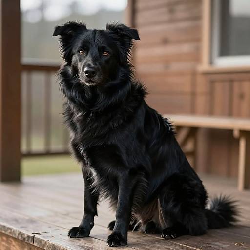 Photograph of a black, fluffy, medium-sized dog with expressive eyes, sitting on a wooden porch with a blurred wooden house background.
