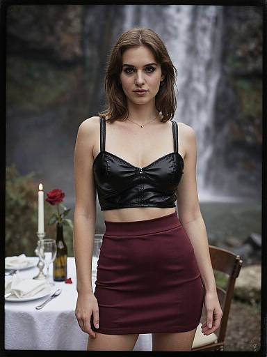 Photograph of a young woman with fair skin and brown hair, wearing a black leather crop top and maroon mini skirt, standing in front of a