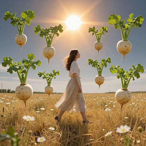 Photograph of a woman in a white blouse and floral skirt walking through a sunlit, golden field with floating radishes and green tops. Sun shines