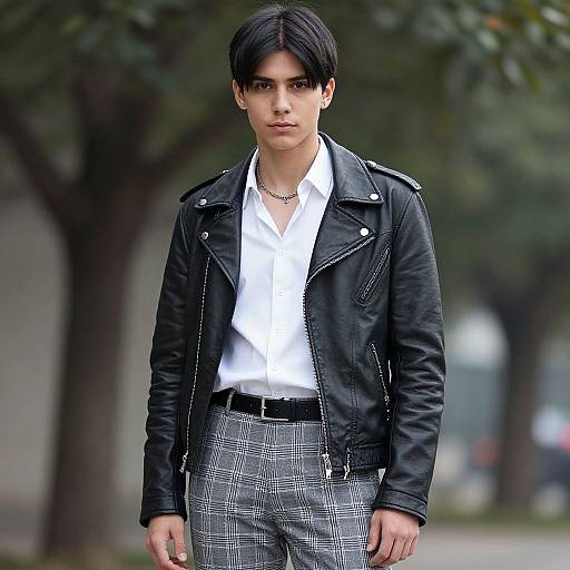 Photograph of a young man with dark hair, wearing a black leather jacket, white shirt, and gray plaid pants, standing outdoors with blurred trees
