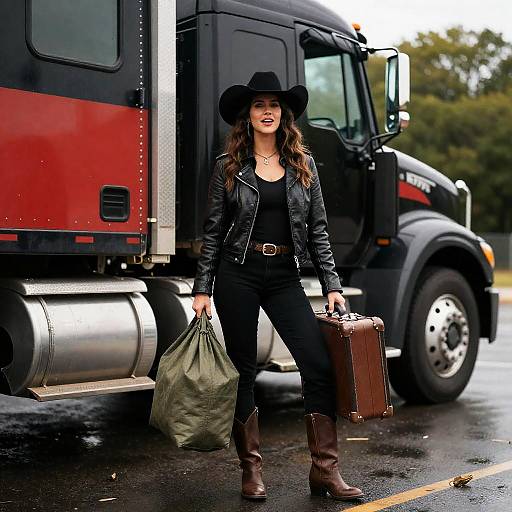 Stylish Woman by a Bold Semi-Truck