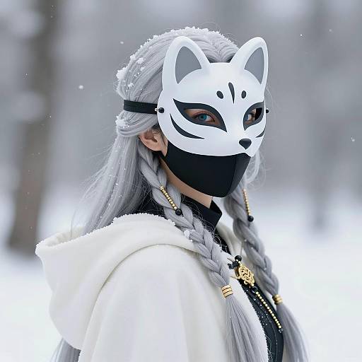 Woman in White Fox Mask in Snow