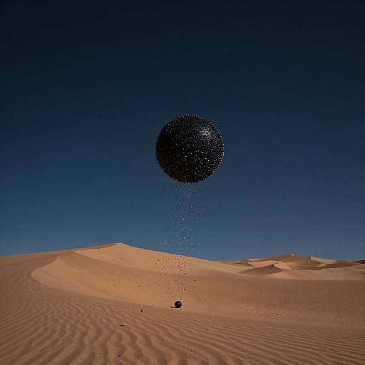 Photograph of a dark, speckled sphere descending over a vast, rippled desert with orange sand dunes under a deep blue sky.
