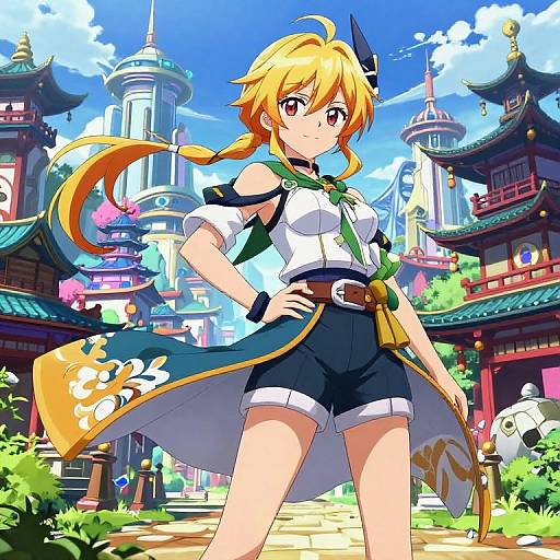 Confident Anime Character in Fantasy City