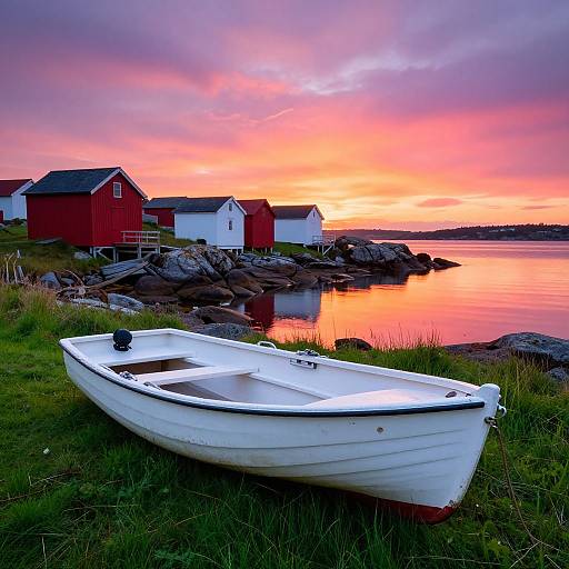 Photograph of a serene sunset over a coastal village with red and white houses, a white boat in the foreground, and vibrant pink and orange sky reflections