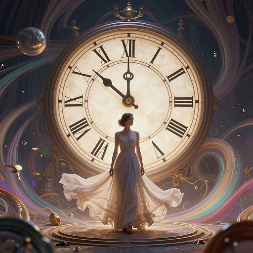Digital artwork of a silhouetted woman in a flowing white dress standing before a giant, illuminated clock face with swirling rainbow and gold accents.