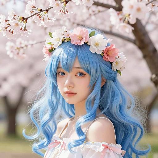 Blue-Haired Girl with Floral Crown