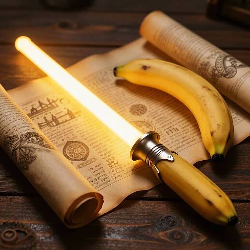 Photograph of a lit candle on parchment with rolled maps, a banana, and a wooden table, creating a warm, rustic ambiance.