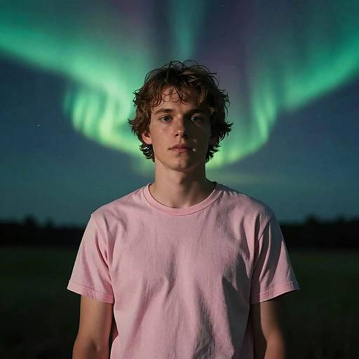 Young Man Standing Under Aurora Borealis