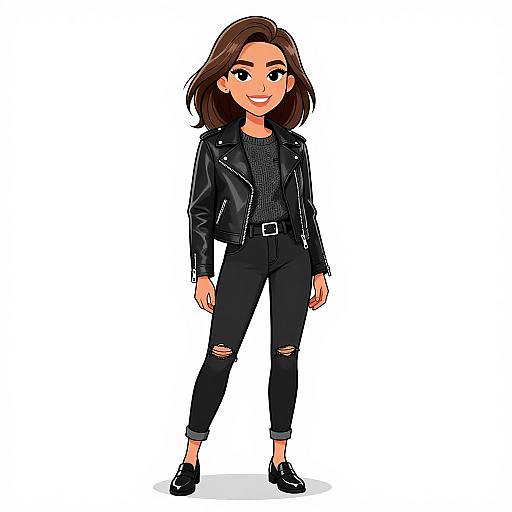 Digital cartoon of a smiling woman with brown hair, wearing a black leather jacket, black ripped jeans, and black shoes, standing against a white background.