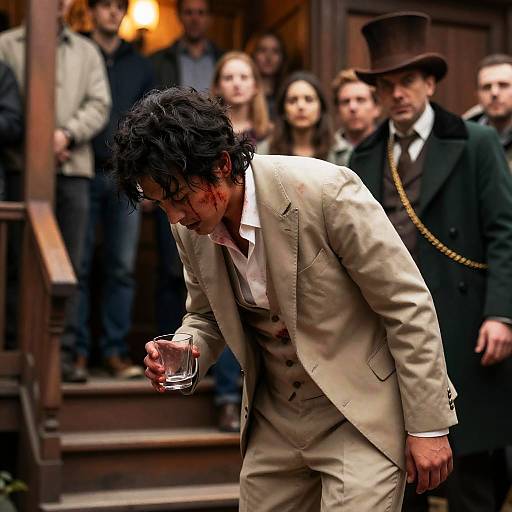 Intense Scene in a Crowded Wooden Building