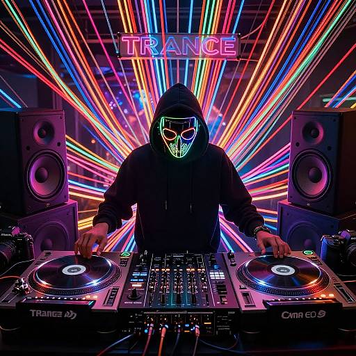Neon-lit DJ in black hoodie with glowing skull mask, mixing two Turntables, 