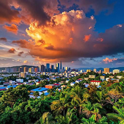 Vibrant photograph of a cityscape at sunset, featuring dramatic orange and purple clouds, dense green foliage, and a skyline with tall skyscrapers