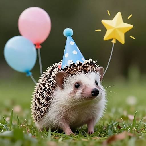 Photograph of a cute hedgehog wearing a blue polka-dot party hat, surrounded by colorful balloons and a yellow star, on green grass.