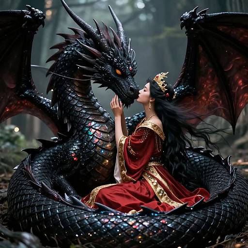 Digital fantasy artwork of a fair-skinned woman with long black hair, wearing a red and gold dress, and a gold crown, intimately embracing a large