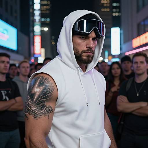 Photograph of muscular man with tattooed arm, white hoodie, black goggles, standing in crowded urban night scene with neon lights.
