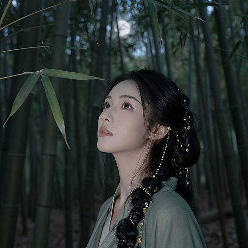 Photograph of an East Asian woman with fair skin and dark hair in a braided bun, adorned with beads, looking upward in a dimly lit