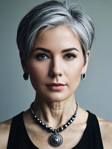 Portrait of Woman with Short Grey Hair and Jewelry