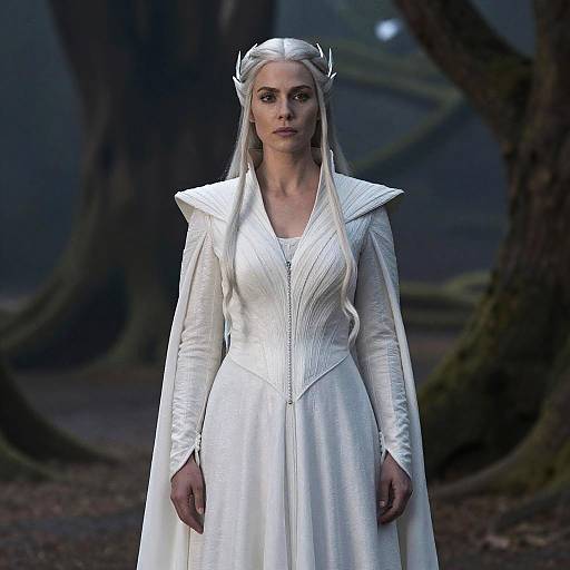 Woman in White Fantasy Dress in Forest