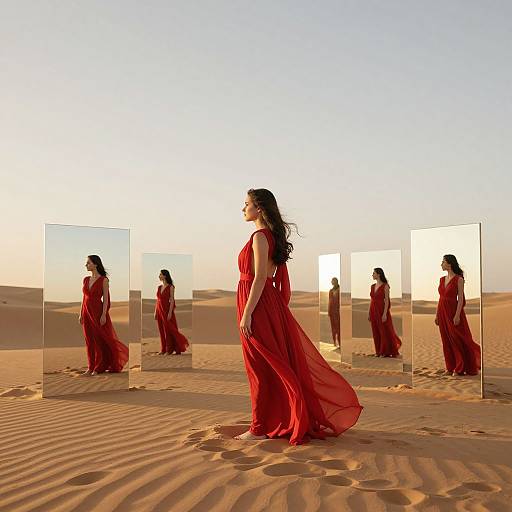 Photograph of a woman in a flowing red dress walking through a desert, reflected in multiple mirrors, creating multiple red silhouettes against a clear,