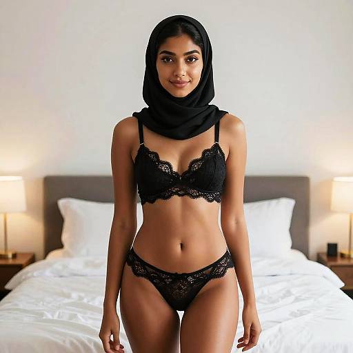 Young Woman in Black Lace Lingerie and Hijab in Bedroom